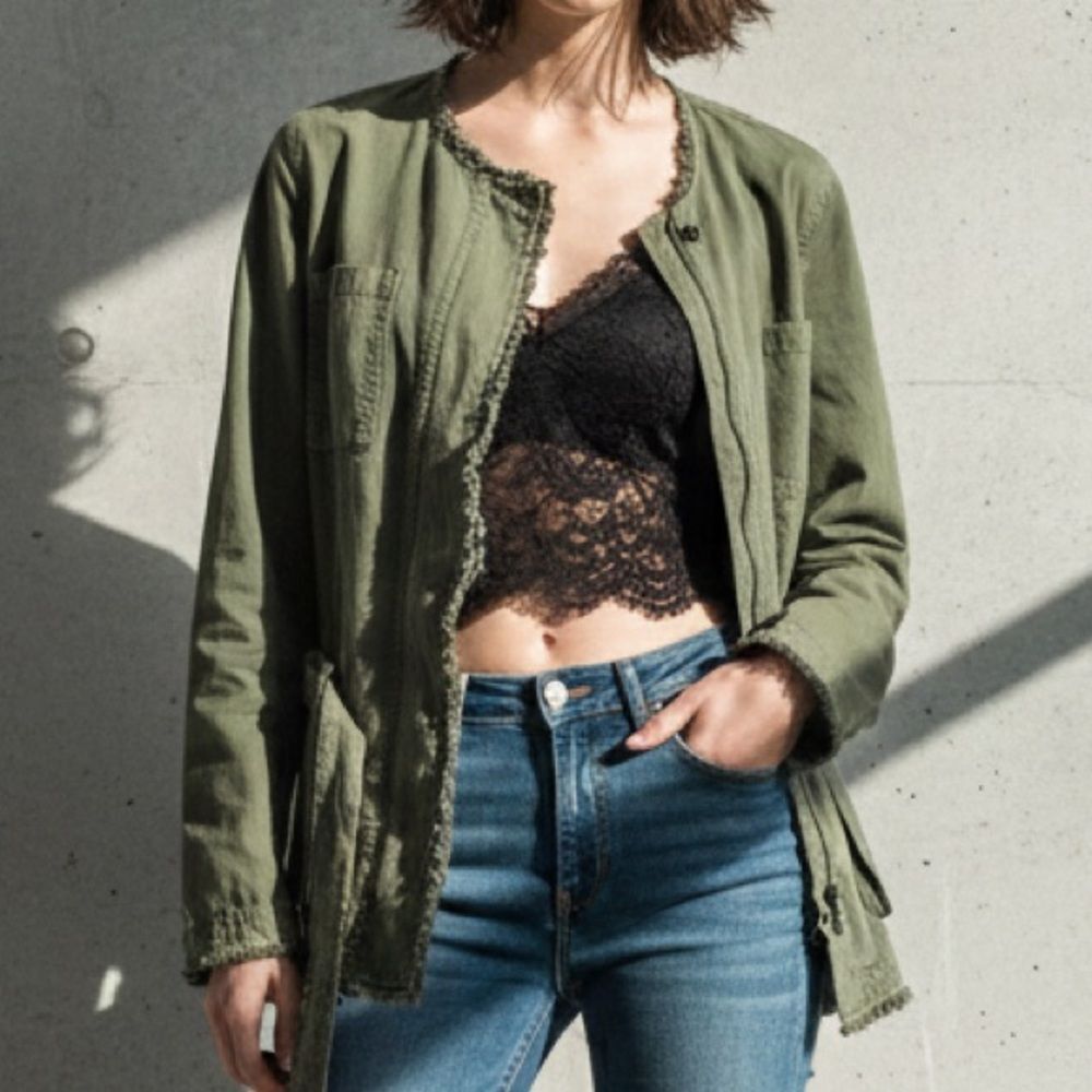 Olive Green Fringe Trim Military‎ Utility Jacket Banana Republic Size M Medium